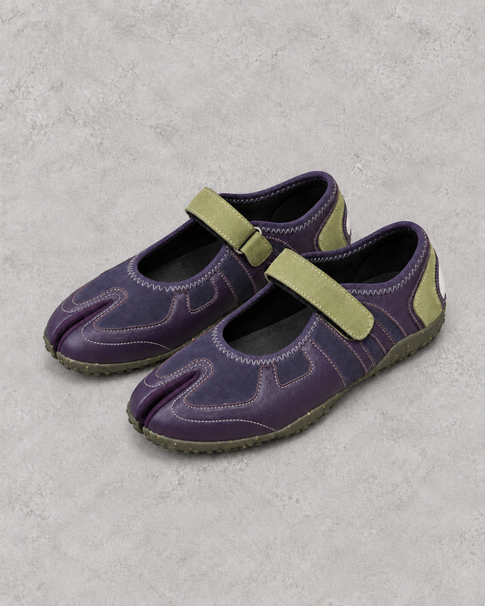 Purple contrast-panel split-toe Mary Jane flats – three-quarter view